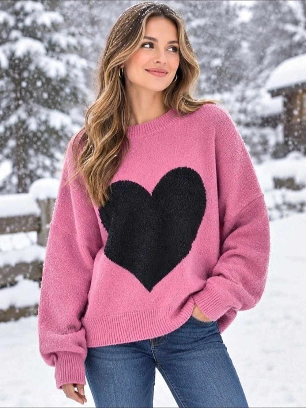 New White Birch Oversized Heart Intarsia Knit Pullover Sweater